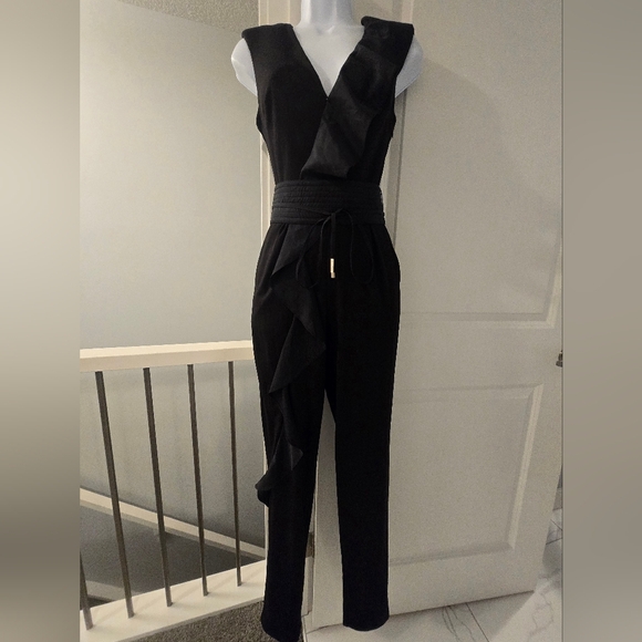 Marciano Pants - Marciano Black Ruffle Trim Jumpsuit With Belt. Size 0.